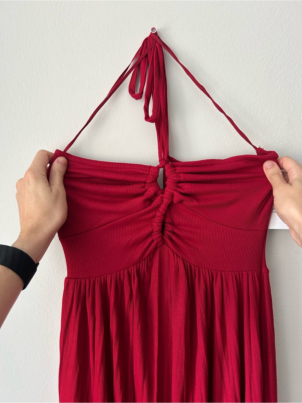 AE Red Ribbed Keyhole Halter Midi Dress with - Picture 2 of 6